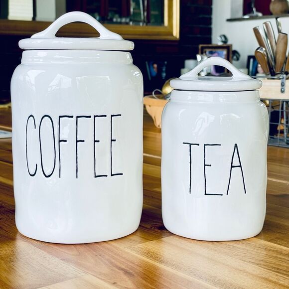 NWT Gorgeous TEA & COFFEE w/ Dimples  White & Black Glossy Ceramic Canister Set - Picture 1 of 16